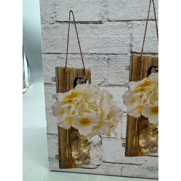 Hanging Mason Jar Sconces Set LED Fairy Lights Silk Hydrangea Flowers Decor READ - Picture 3 of 9